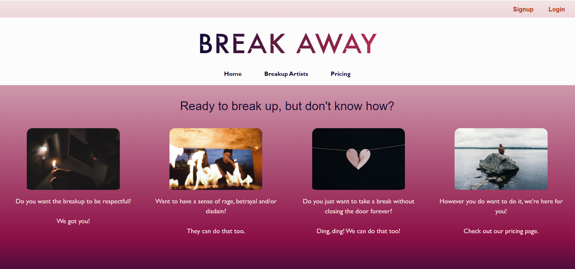 screenshot of a breakup service website
